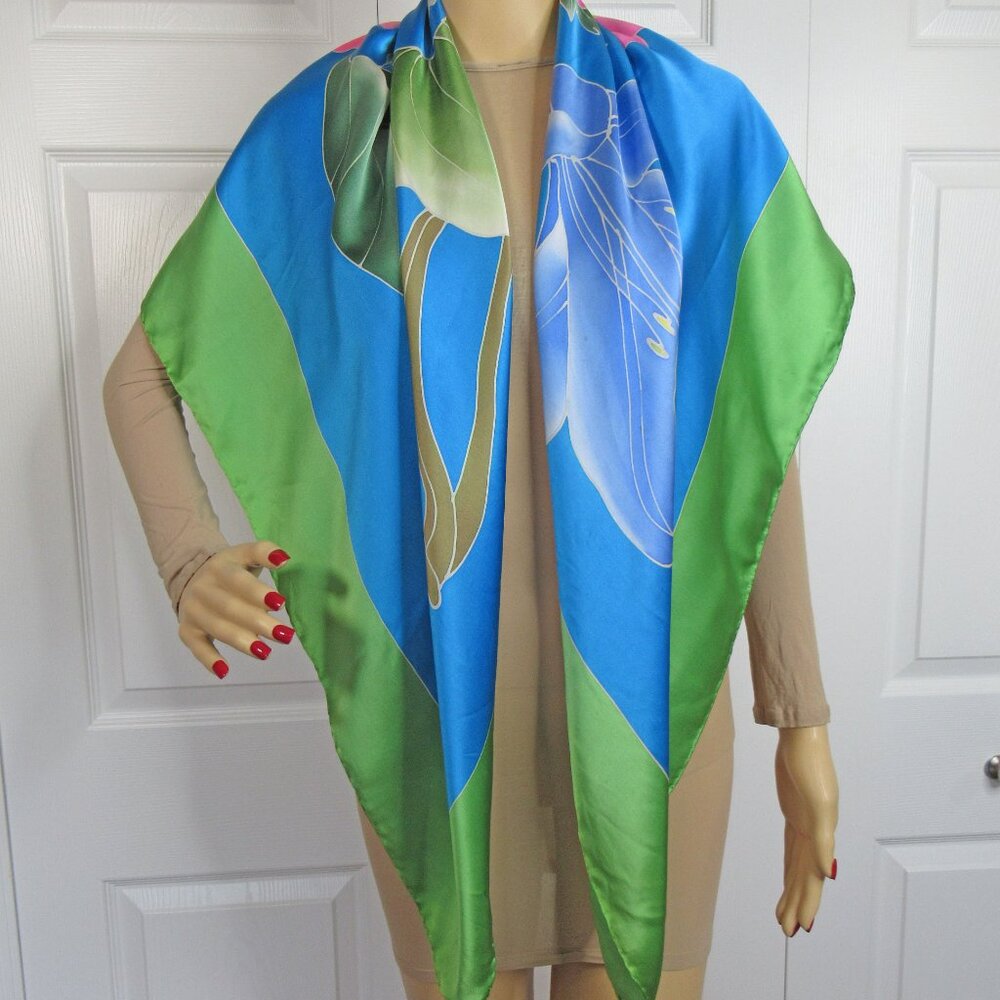 Tropical print 44 inch Scarf / Pareo / Shawl, Green, teal, pink blue floral - Picture 2 of 14